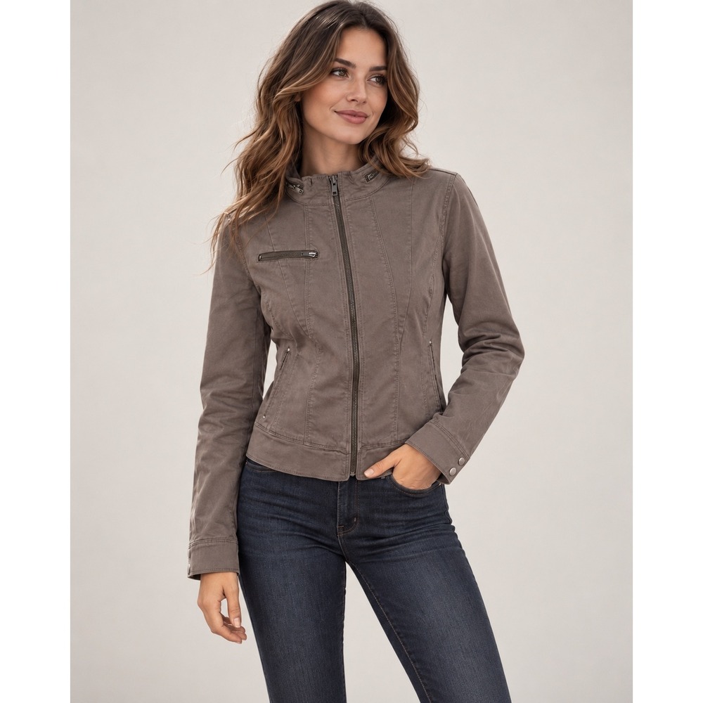Express Womens Utility Moto Jacket Mock Neck Cotton Blend 8 Brown Indie Sleaze